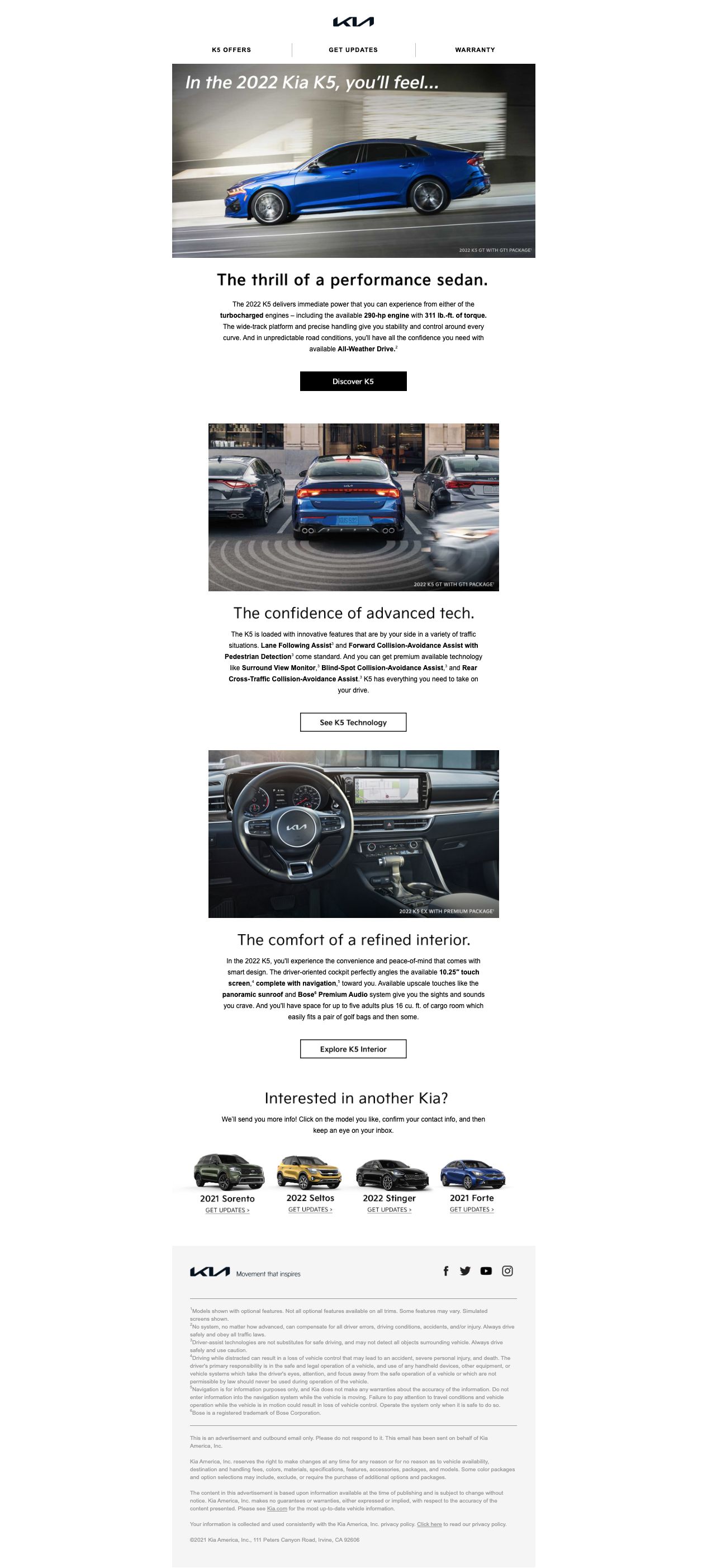 Kia K5 launch email with vehicle hero and feature sections